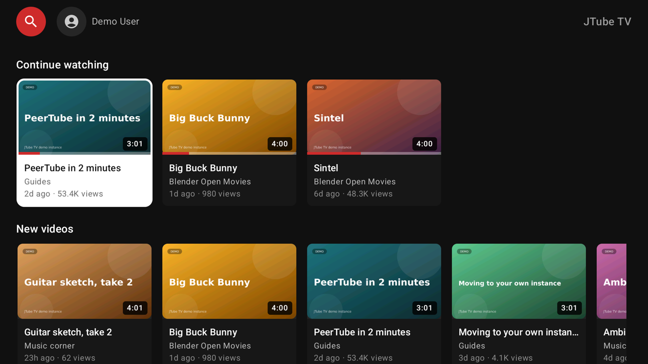 Home screen with Continue watching and New videos rows