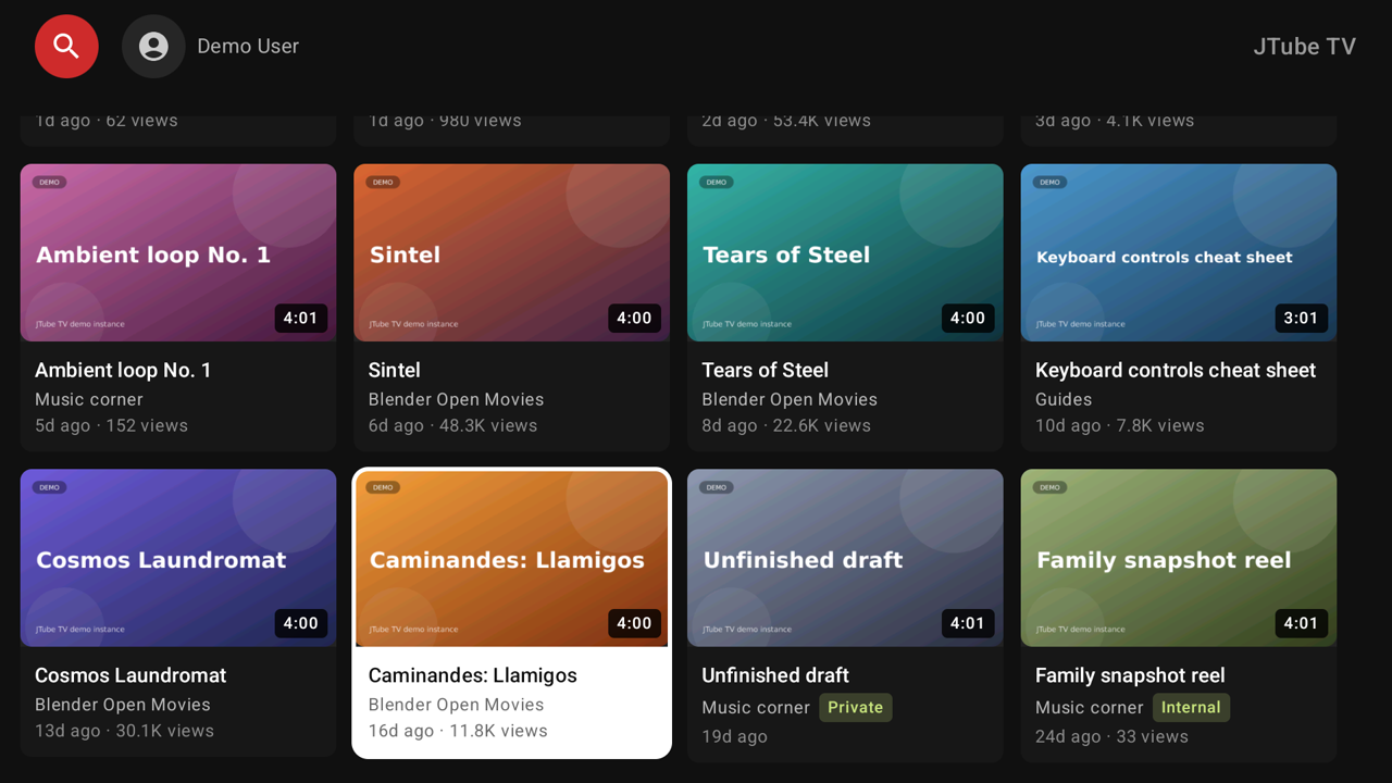 My videos grid with Private and Internal badges