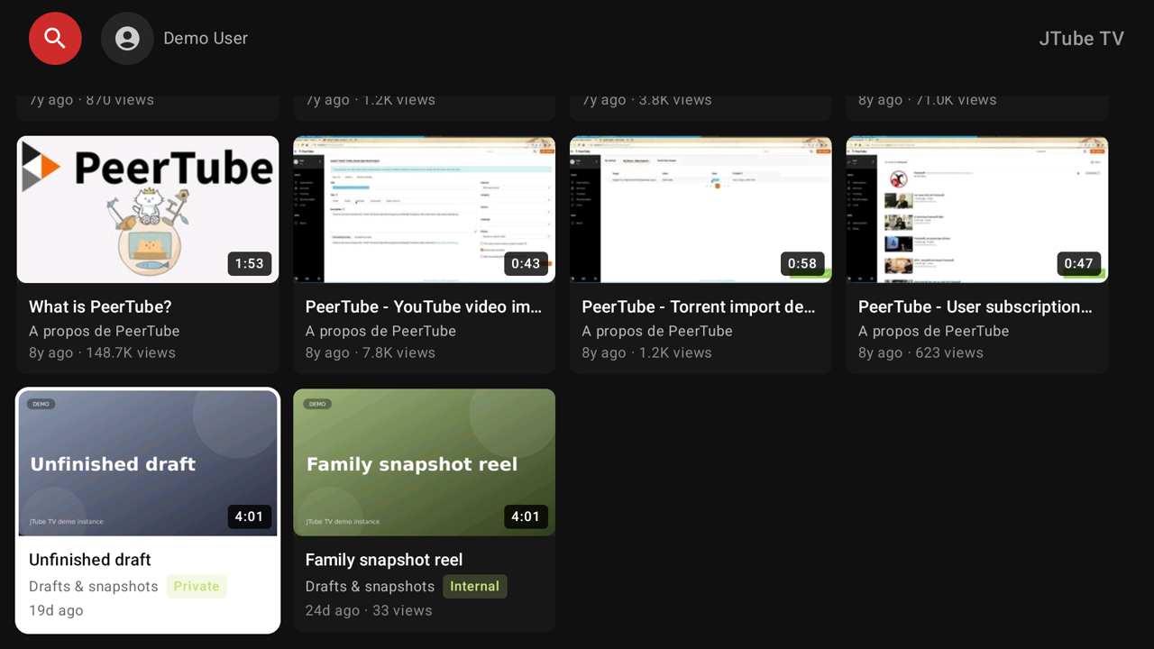 My videos grid with Private and Internal badges