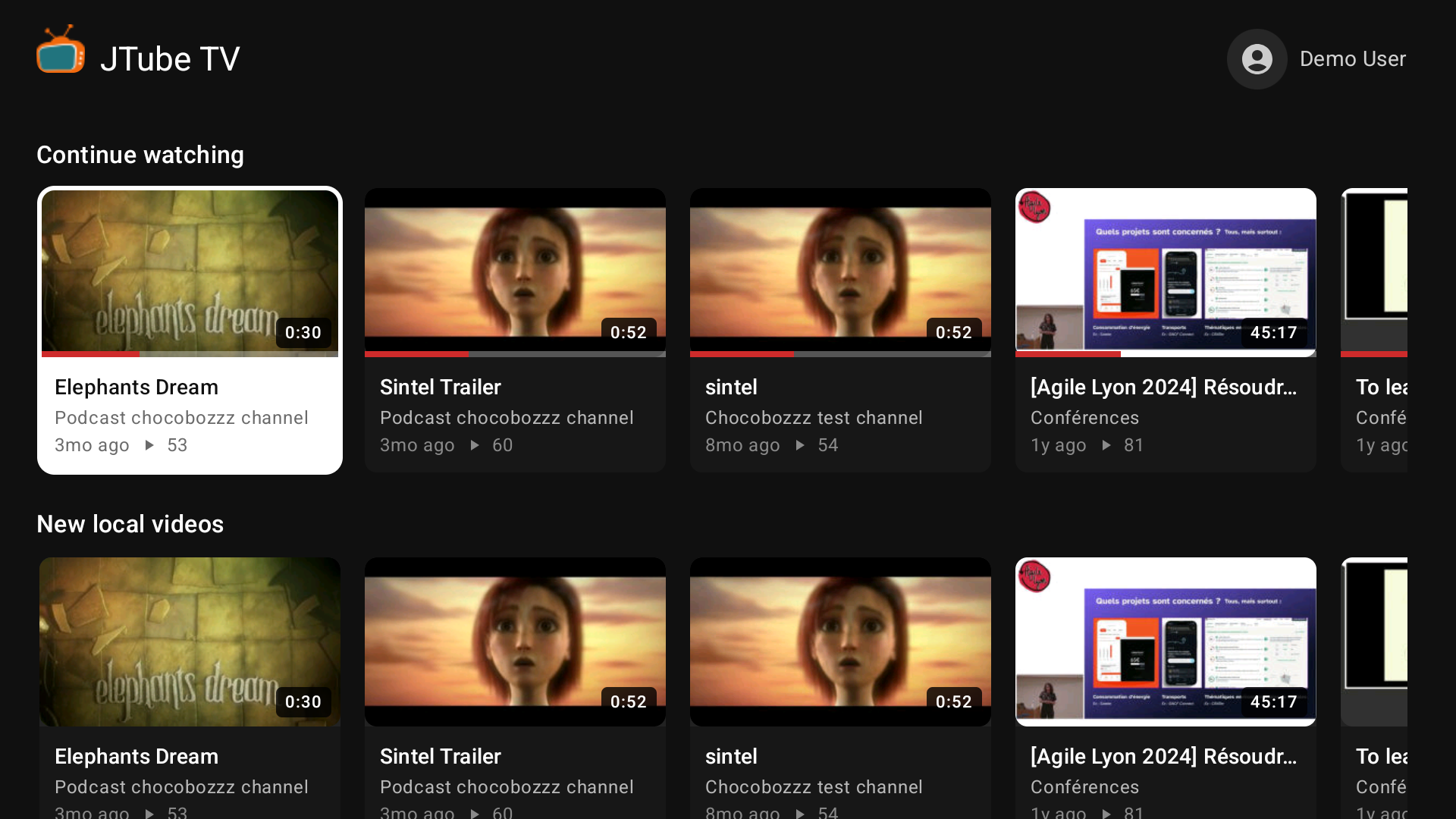 Home screen with Continue watching, New local videos and subscriptions rows