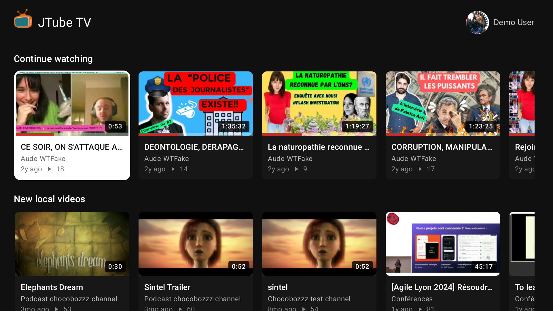 Home screen with Continue watching, New local videos and subscriptions rows