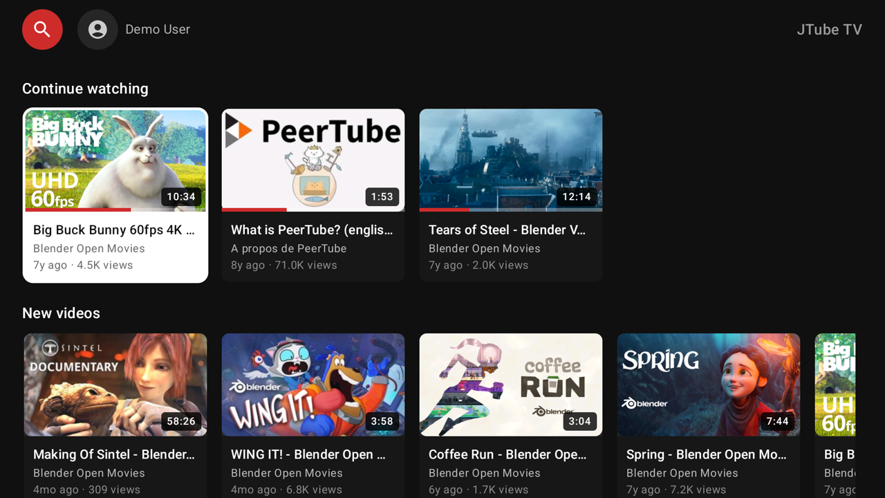 Home screen with Continue watching and New videos rows