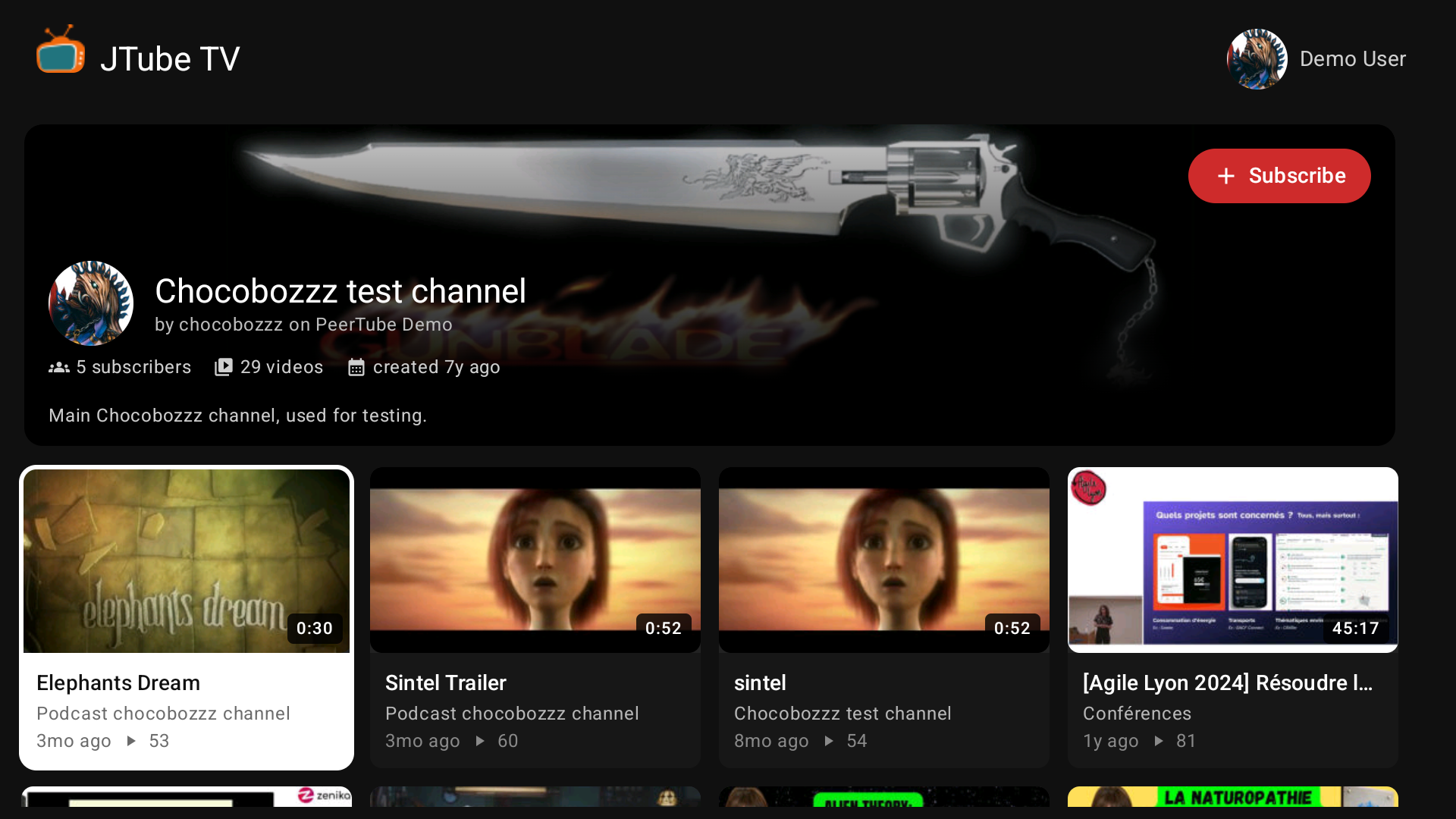 A channel page: banner, stats, Subscribe button and the channel's videos