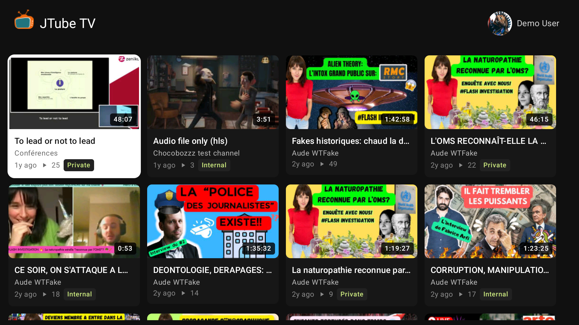 My videos grid with Private and Internal badges