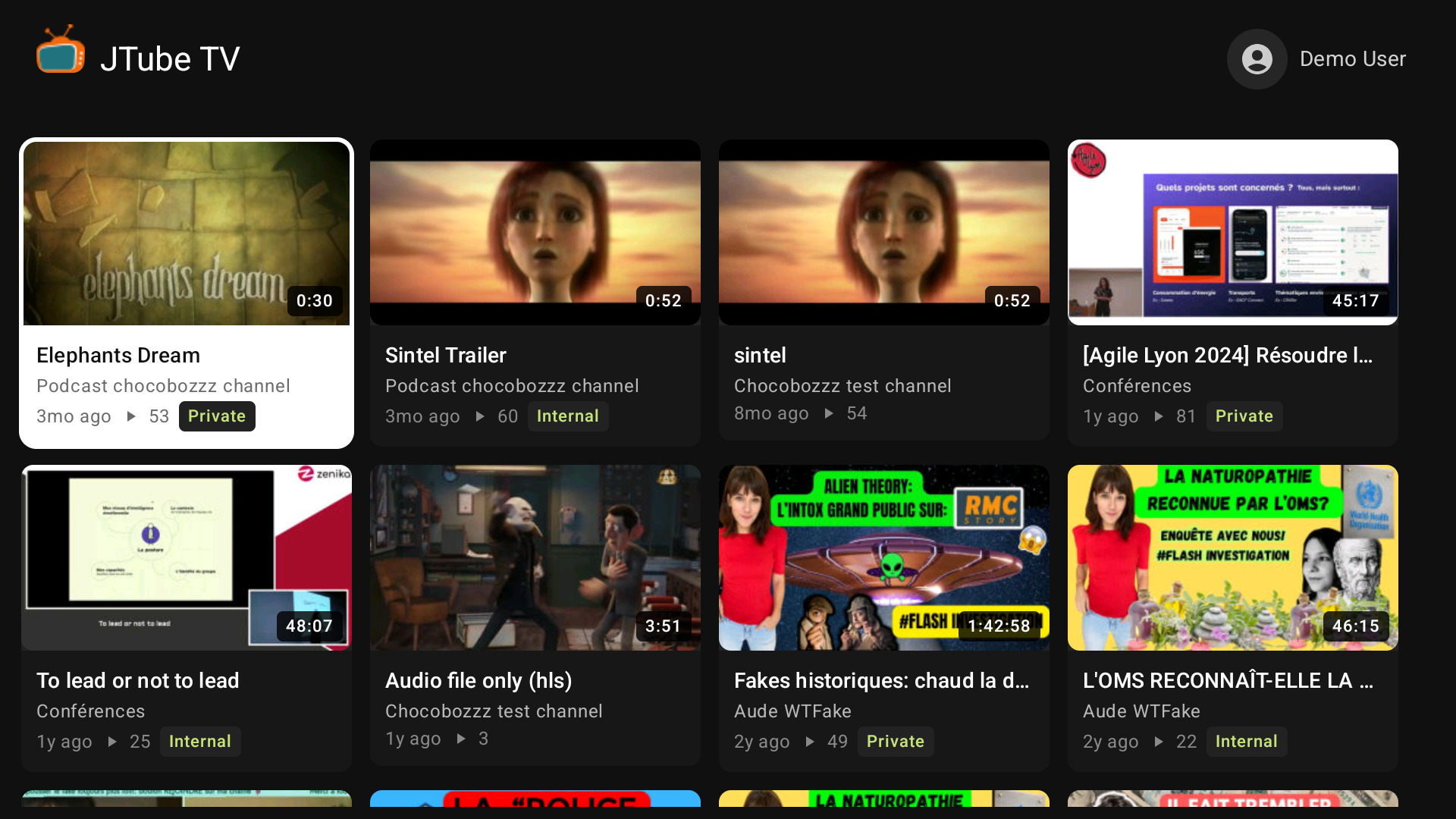 My videos grid with Private and Internal badges